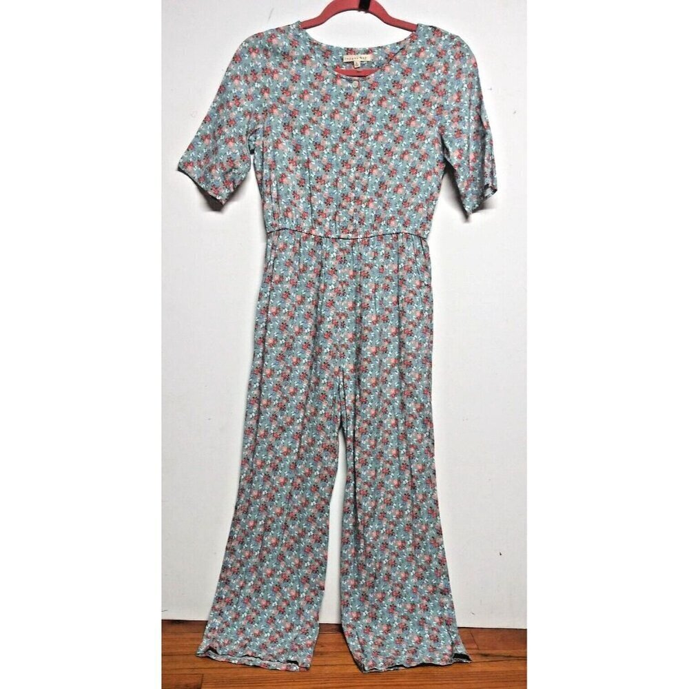 Womens Jumpsuit Floral ditsy dainty Sz S/M/L short sleeve gray orange pink rayon